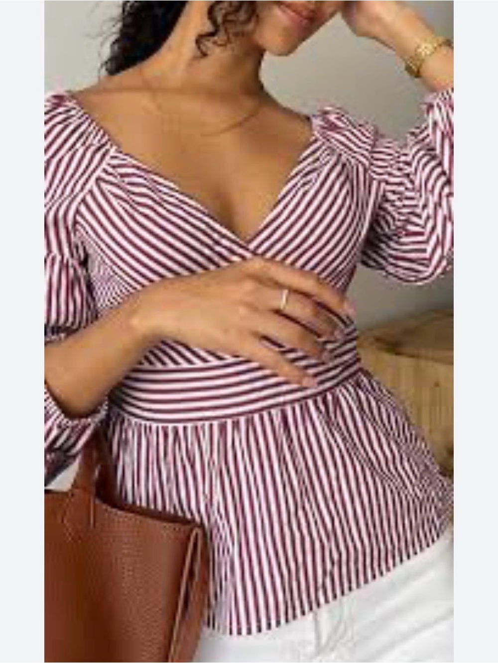 Express Burgundy and White Striped Wrap Peplum Blouse